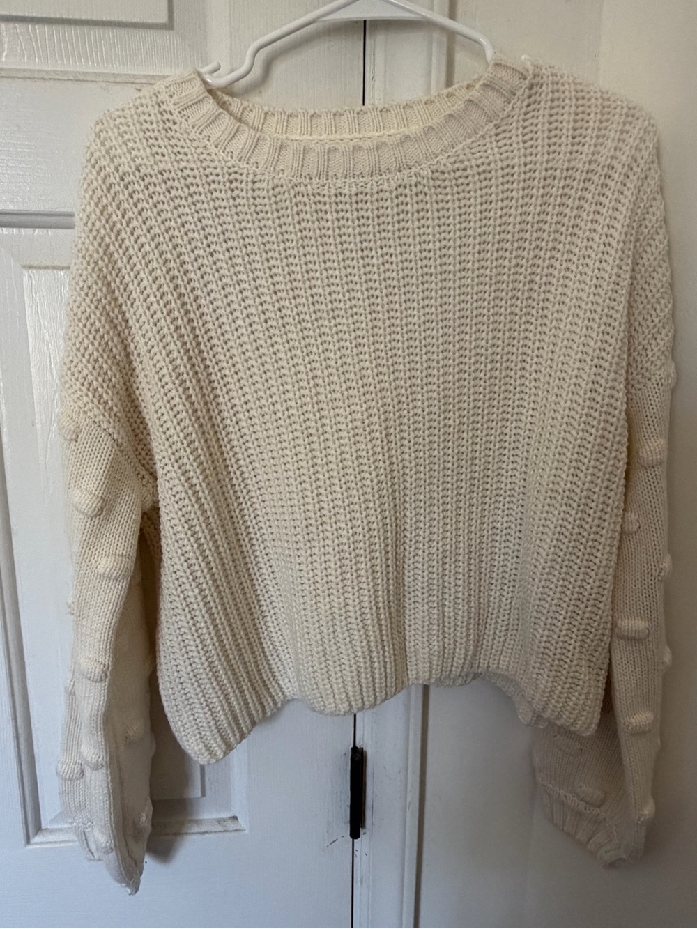 Jessica Simpson Cream Waffle-Knit Crewneck slightly crop Sweater with Pom Detail